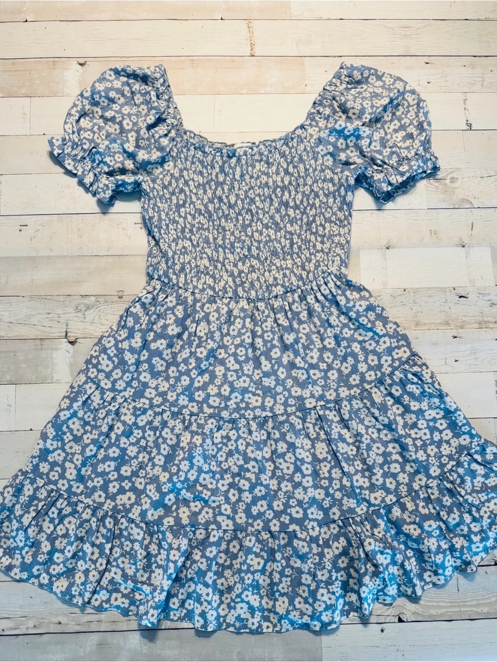Altar'd State Blue and White Floral Smocked Puff Sleeve Dress